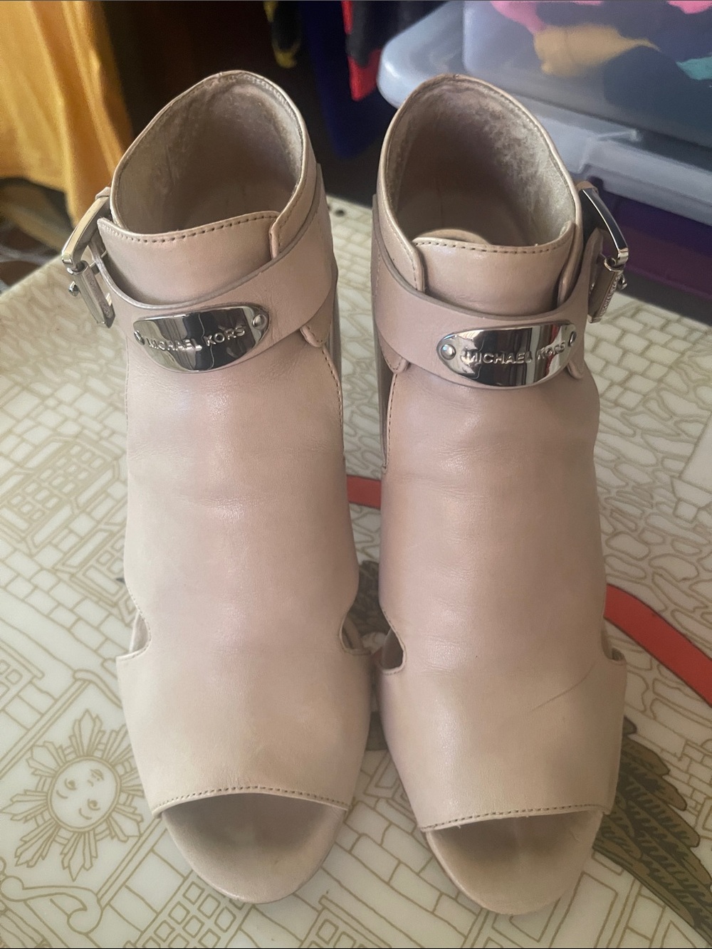 Michael Kors Blush Peep-Toe Ankle Boots with Logo Plate